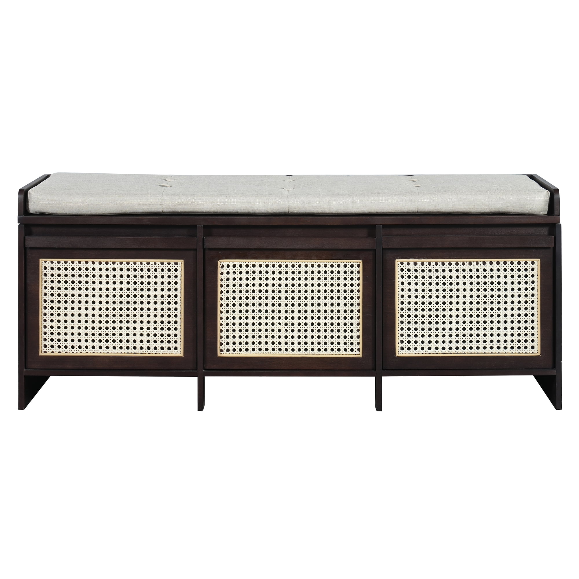 Euroco 48" Shoe Storage Bench, Retro Entryway Bench with 3 Rattan Drawers,Lift Top Storage & Removable Upholstered Cushion,Wooden Shoe Rack Bench for Living Room, Hallway, Foyer,Espresso