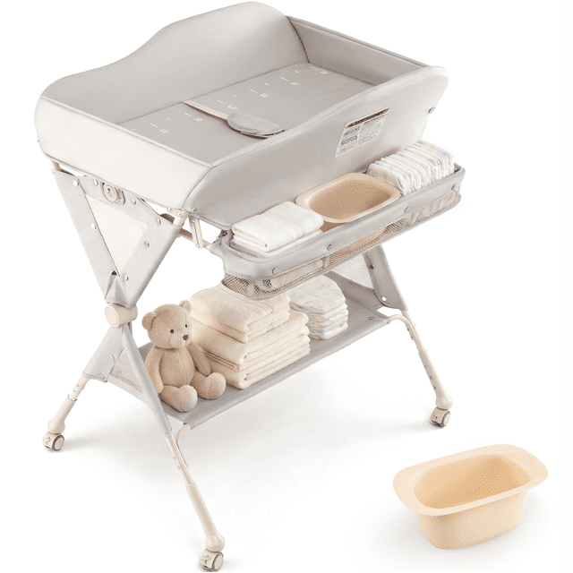 INFANS Baby Changing Table with Wheels, Portable Folding Diaper Station Nursery Organizer with Storage Basket, Hanging Rack, Adjustable Height, Safety Belt for Newborn Infant (Light Grey)
