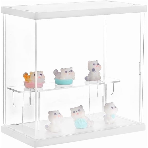 2-Tier Transparent Acrylic Display Case Figures Display Stand with Door Countertop Box Storage Cube Organizer Dustproof Protection Showcase for Action Figures Collectibles 7.9x4.5x7.9inch White