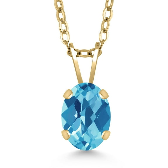 Gem Stone King 1.00 Ct Oval Checkerboard Swiss Blue Topaz 18K Yellow Gold Plated Silver Pendant With Chain