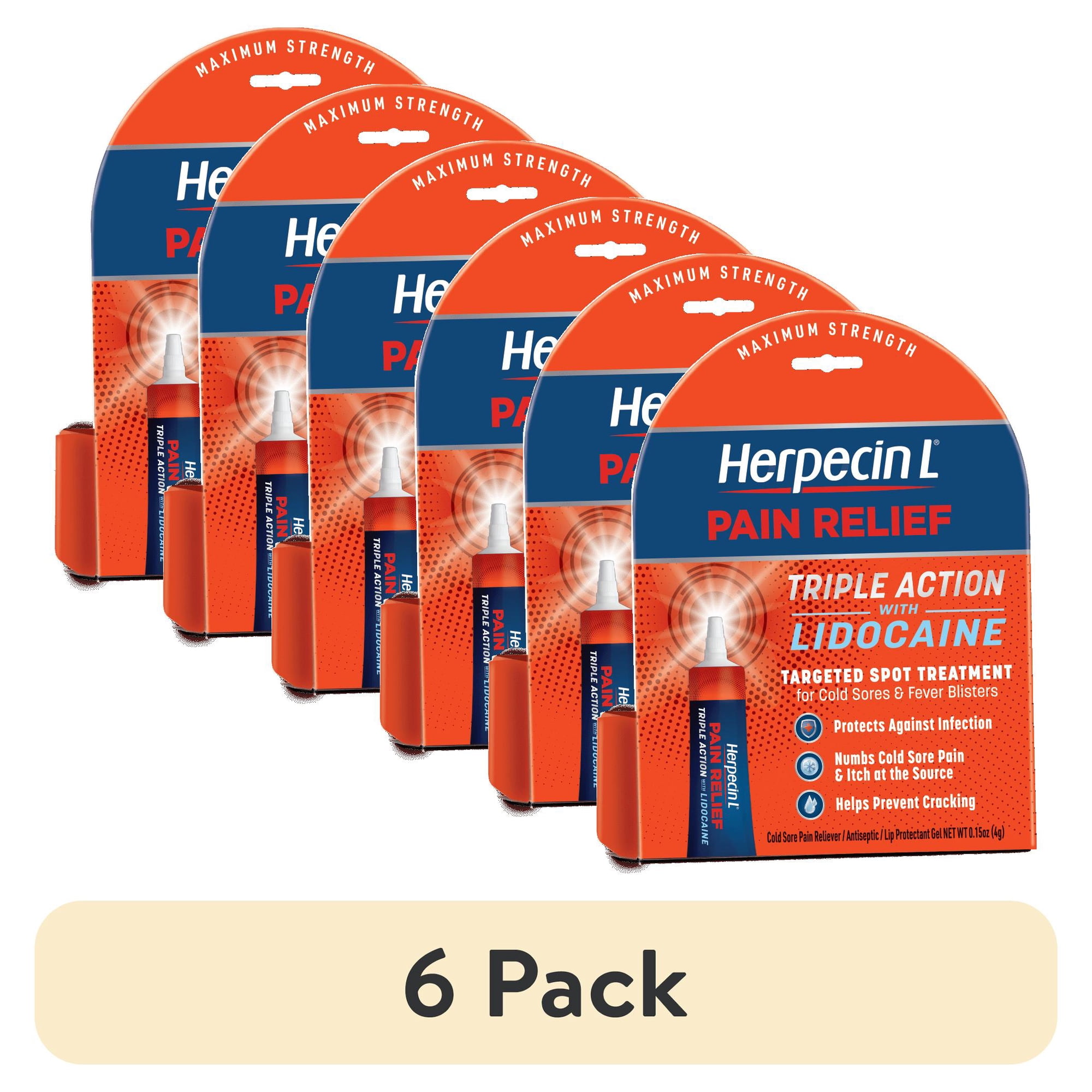 (6 pack) Herpecin-L Pain Relief with Lidocaine Cold Sore and Fever Blister Treatment Balm, 0.15 oz