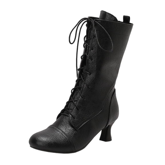 Xfvqtps Winter Boots for Women Fashion Mid Calf Boots Round Toe Lace up Flat Heel Comfortable Faux Leather Casual Ankle Boots Black