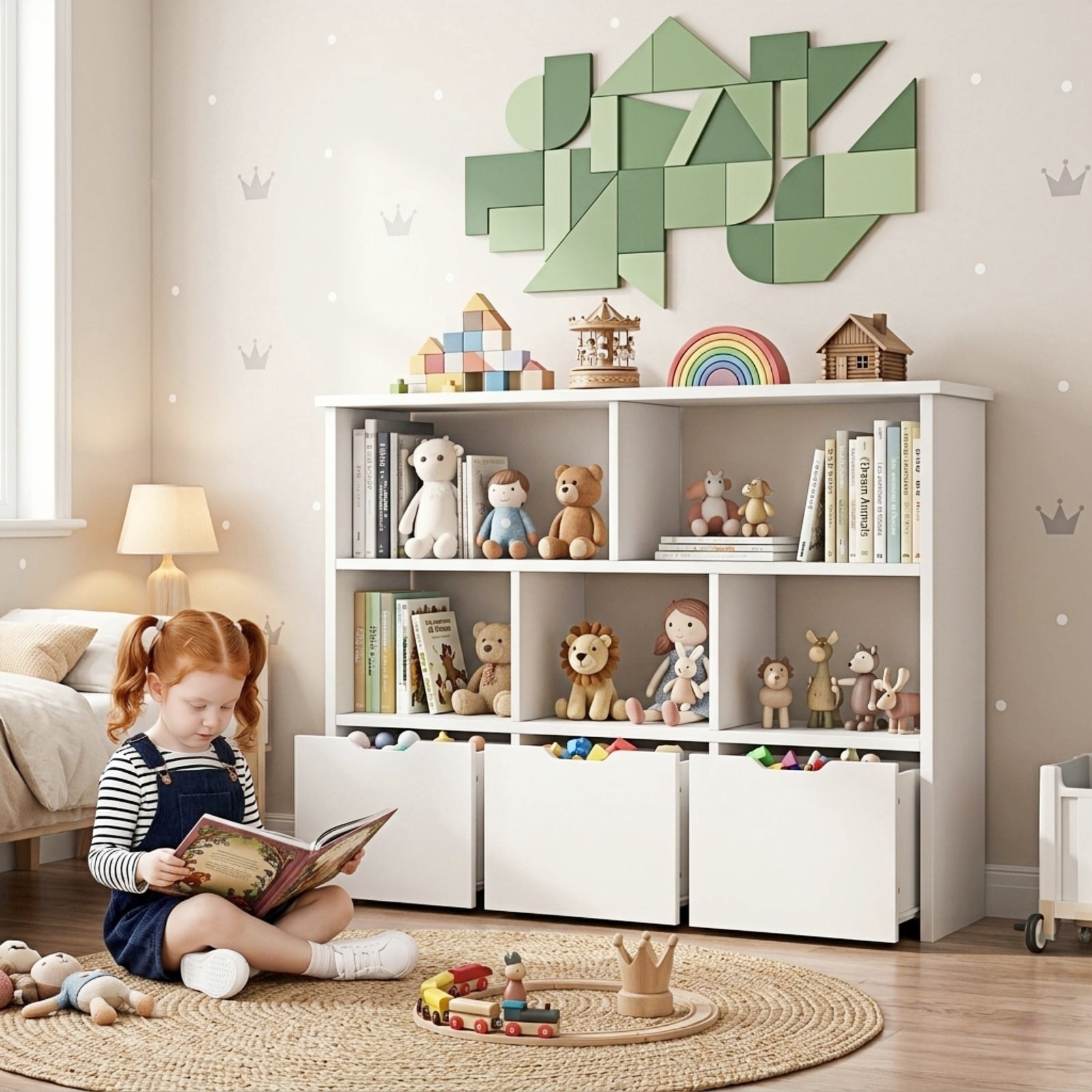 Kbun 5 Cube Toy Storage Cabinet, Kids Geometric Bookcase and Bookshelf with 3 large Drawers, Toddler Book Shelf for Kids Rooms, Playroom, Nursery, Kindergarten White