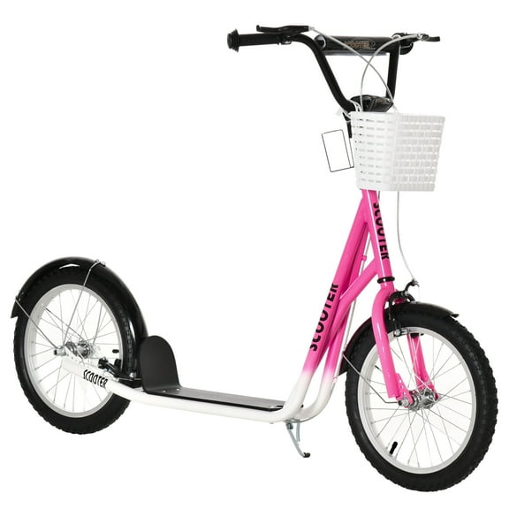 Kids Bike Youth Scooter, Kick Scooter with Adjustable Handlebars, Double Brakes, 16" Inflatable Rubber Tires, Basket, Cupholder, Pink,Childrens Bike