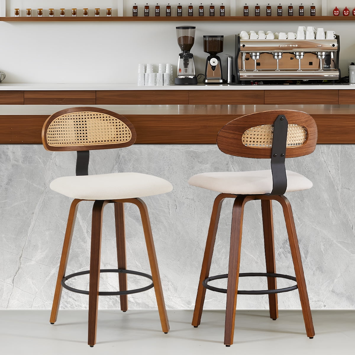 360° Swivel Rattan Bar Stools Set of 2, Counter Height Modern Kitchen Island Stools With Footrest, Uphostered Cushion, Comfortable Durable, White