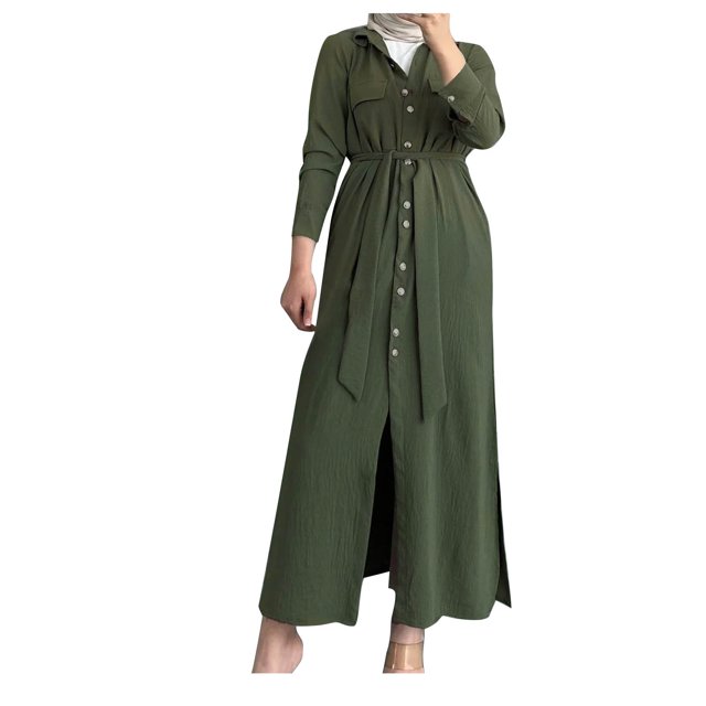 QIPOPIQ Robe Chemise à Manches Longues pour Femme, Boutonnée, Décontractée, Ample, Taille à Nouer, Midi, Liquidation