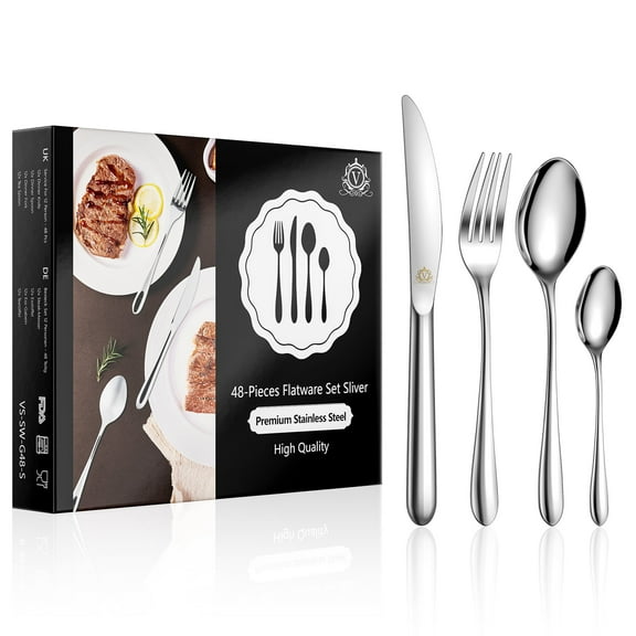 vancasso 48 Piece Silverware Sets , Stainless Steel Knife and Fork for 12īŧSilver Round handle