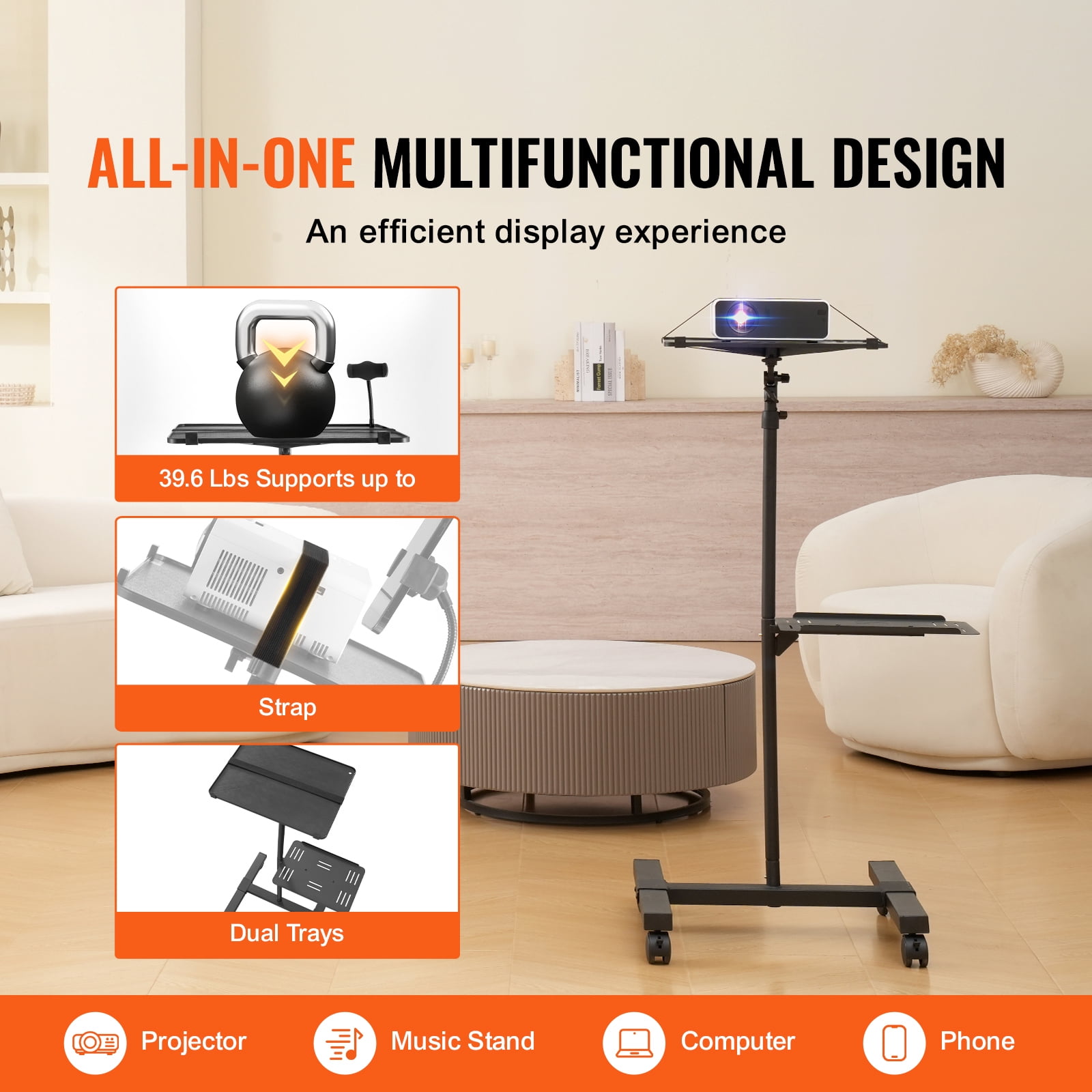 KFFKFF Mobile Projector Stand, Flexible Projector Floor Stand with Height Range of 22.8 to 57.3 inches, Projector Holder with Dual Platforms, Suitable for Outdoor Cinema, Household, Workplace