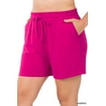 thumbnail image 2 of Women & Plus Comfy Drawstring Waist French Terry Fleece Bermuda Shorts with Pockets (MAGENTA, 3X), 2 of 3
