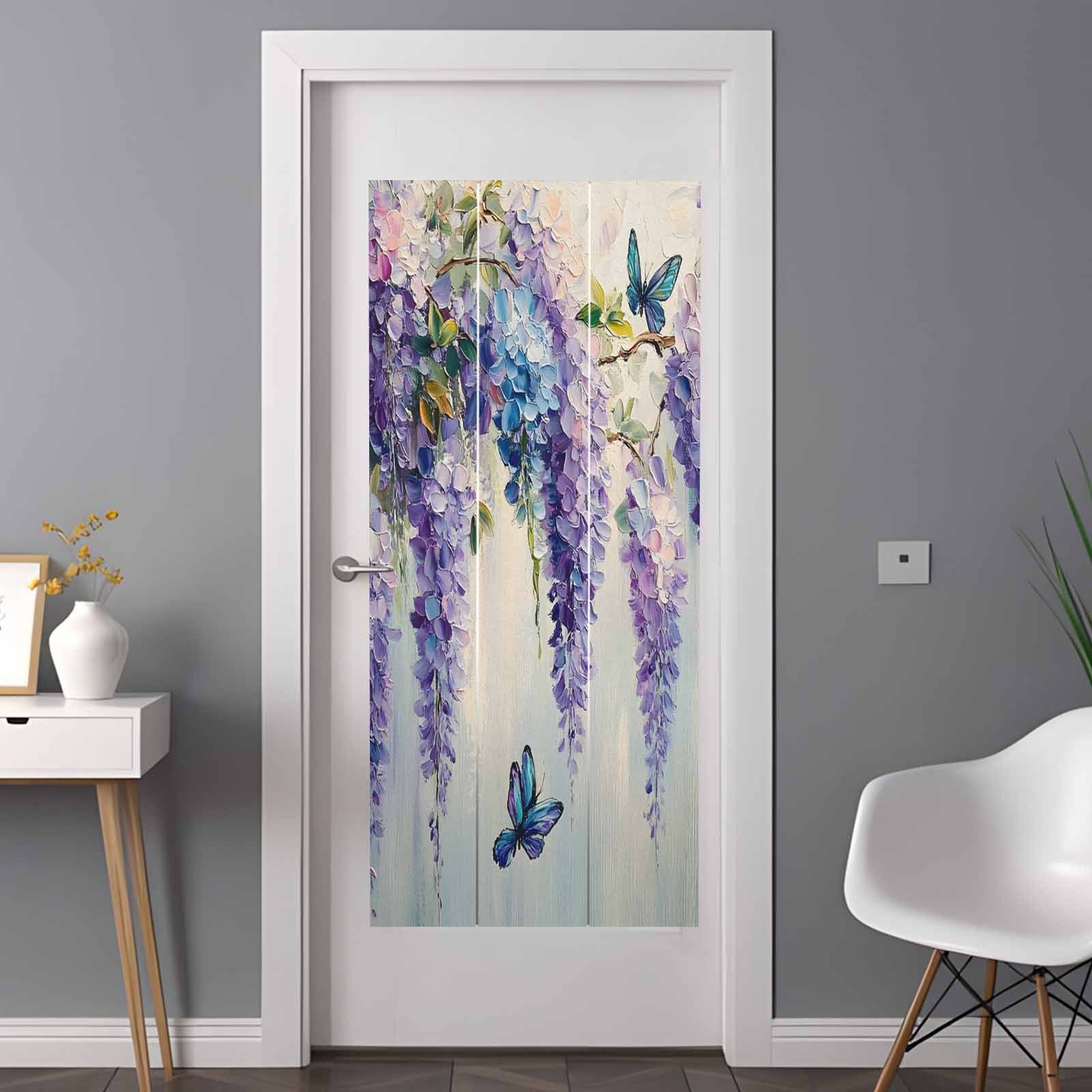 Purple Lavender Window Privacy Film, Butterfly Flower Abstract Brush Artwork Static Cling UV Sun Blocking Tint Film Heat Control Windows Films for Bedroom Bathroom, Window Stickers 35.4"x78.7"