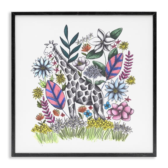 Giraffe in Midst of Flowers Black Framed Giclee Art, design by Cecilia Battaini