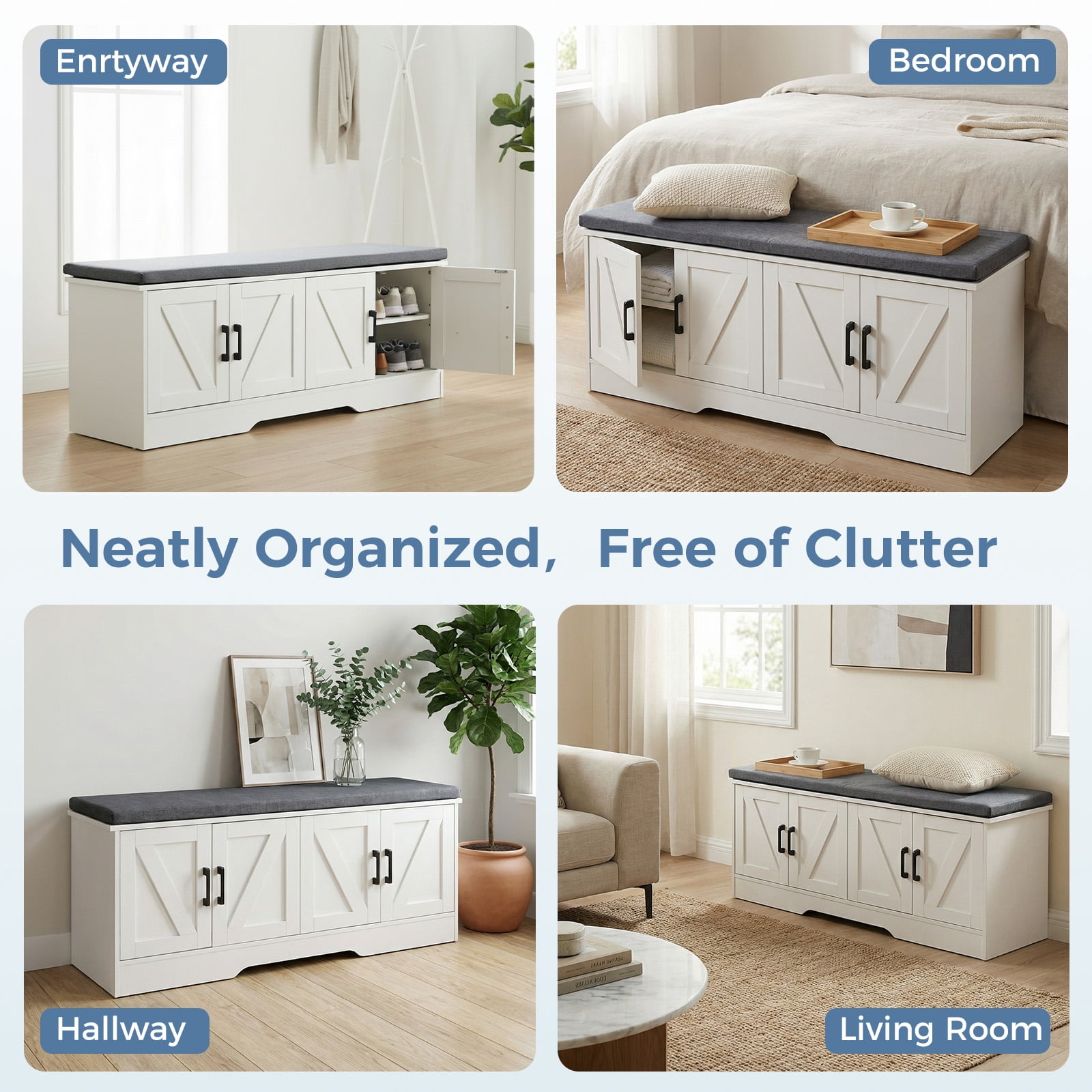 Hommoo Wooden Shoe Storage Cabinet with Cushioned Seat, 28-inch Modern Entryway Organizer for Living Room, Hallway & Bedroom, White & Gray