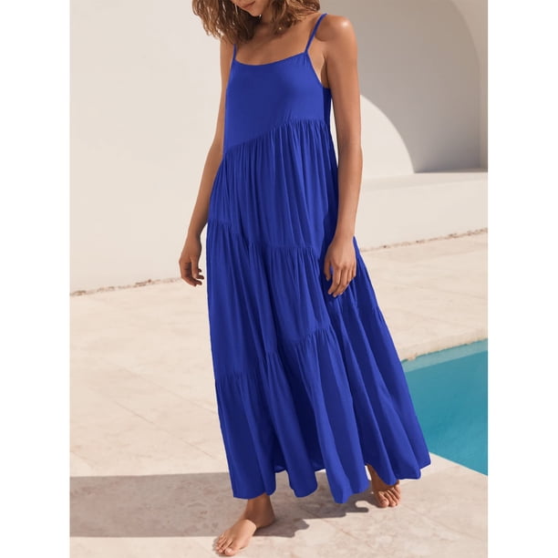 Vestido De Verano Para Mujer, Tirantes Finos Ajustables, Cintura Alta, Color Puro, Sin Mangas, Dobladillo Oscilante Fluido Para Vacaciones ANGGREK Otros