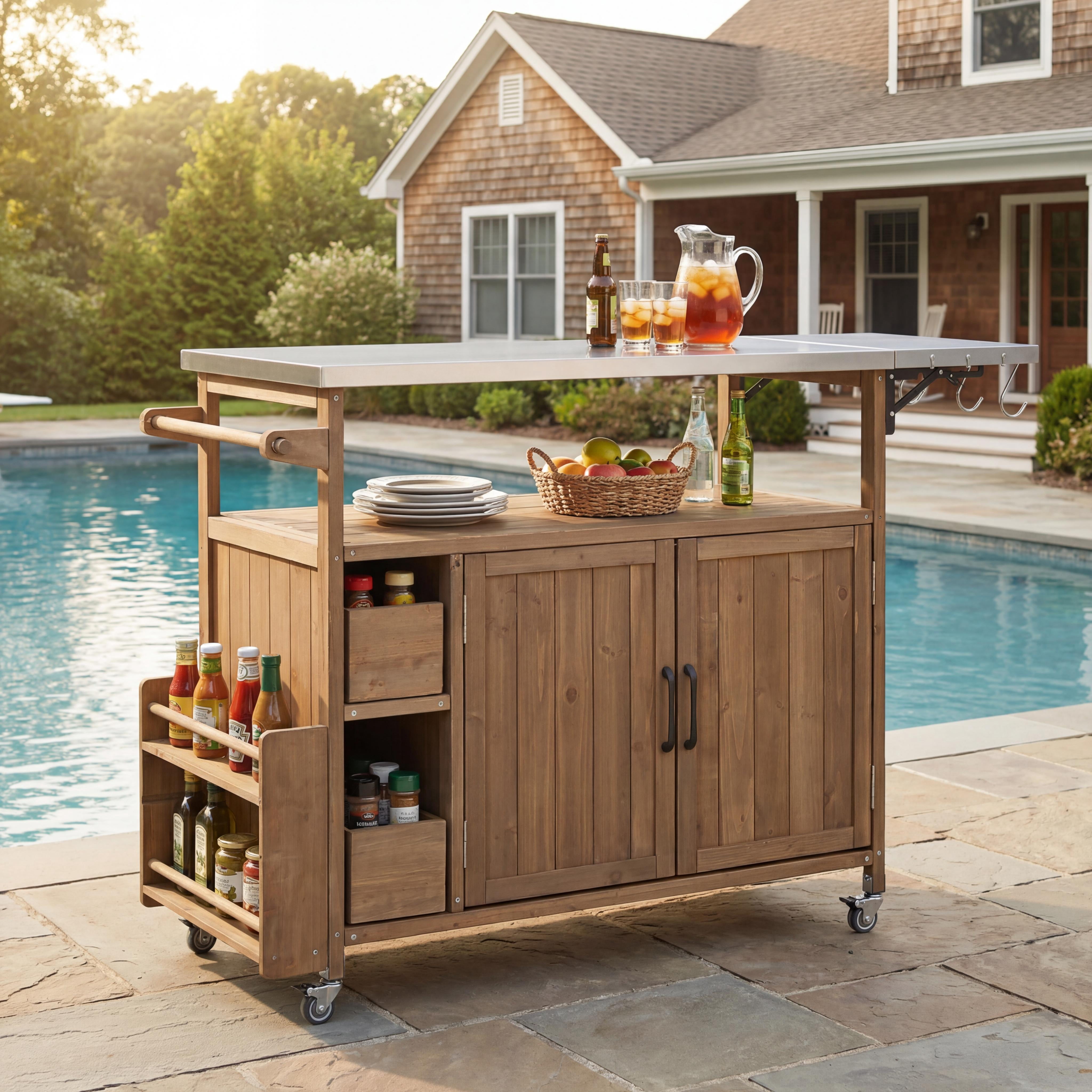 Rolling Kitchen Cart, 54.33 Inch Farmhouse Outdoor Serving Cart for Patio Backyard BBQ, White