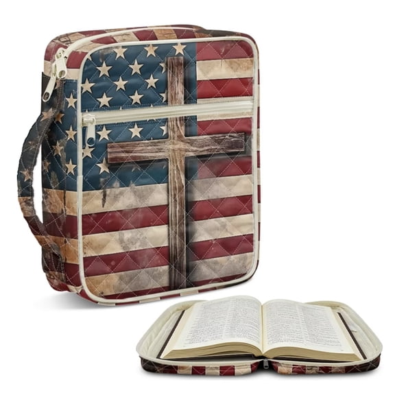TSOVTHRID American Flag Cross Print Bible Case Church Bag, Bible Book Cover with Zipper Closure, Lightweight Carrying Book Case with Portable Handle, Christian Gift