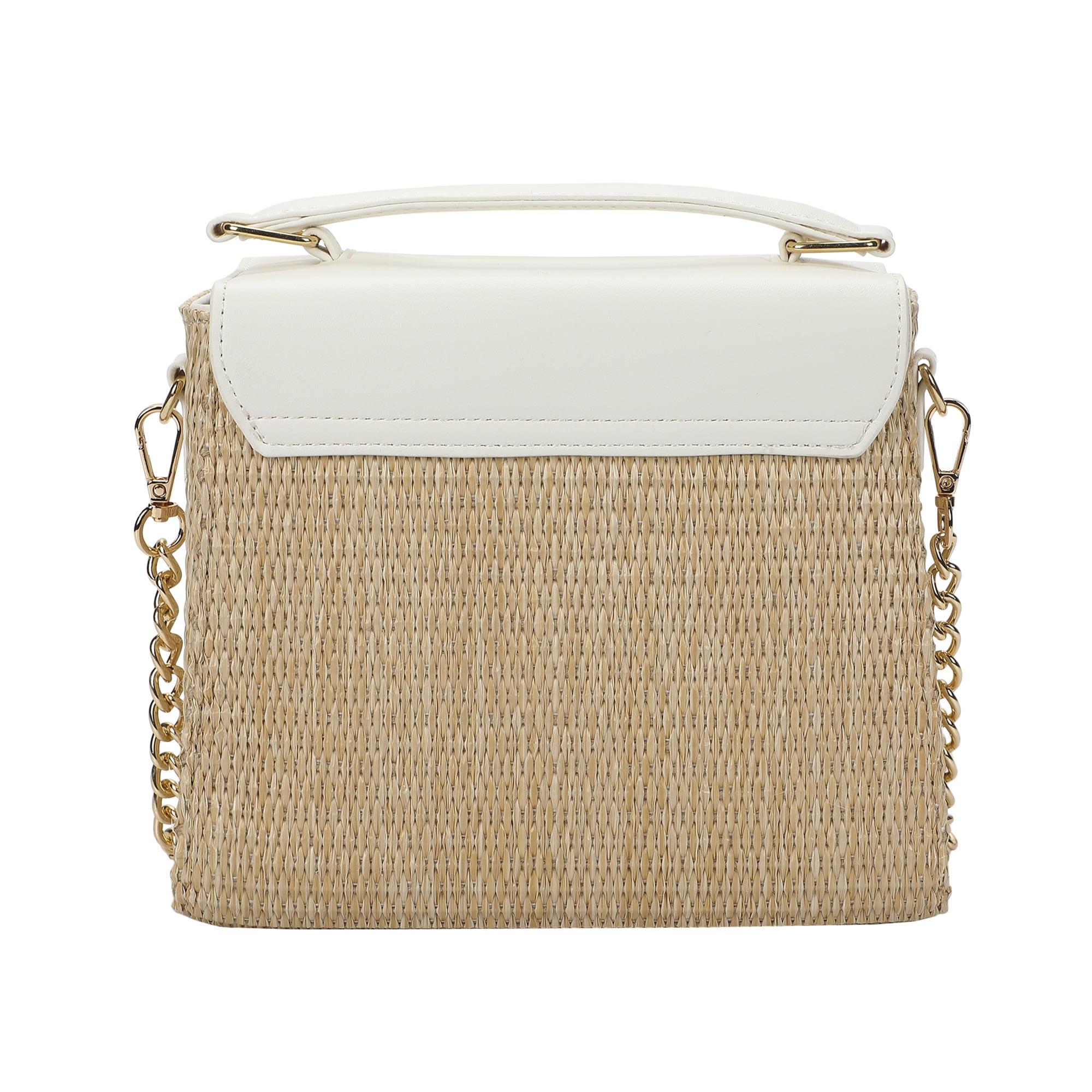 Packed Party Women's Woven Straw Crossbody Bag with Faux Leather Scallop and Chain Strap, White