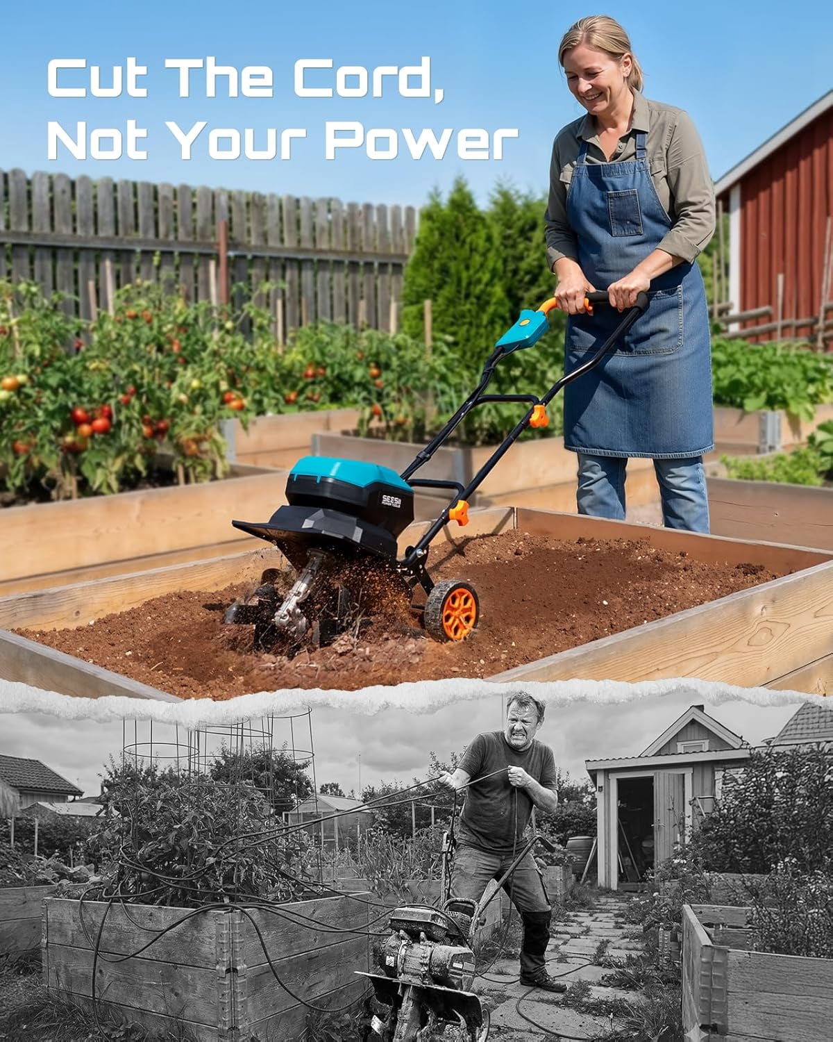 Seesii 40V Cordless Tiller Gardening Rototiller  Adjustable Handle & Wheels, 12" Electric Tiller Cultivator  2×5.0Ah Batteries & Charger