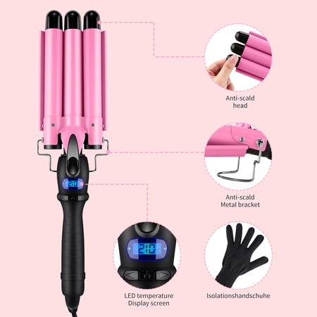 3 BARREL CURLING IRON WAND, JUNGLE WAVE 1″ CERAMIC TRIPLE BARRELS HAIR CRIMPER WITH LCD DISPLAY, GIFT FOR MOTHER’S DAY, PINK