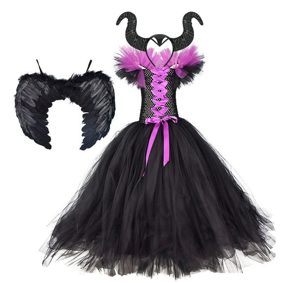 IDOPIP Girls Magnificent Witch Halloween Costume Black Gown with Horns Headpiece Feather Wings Outfits Set for Toddler Kids Baby Girl Fancy Dress up Cosplay 5-6 Years Black Purple Long