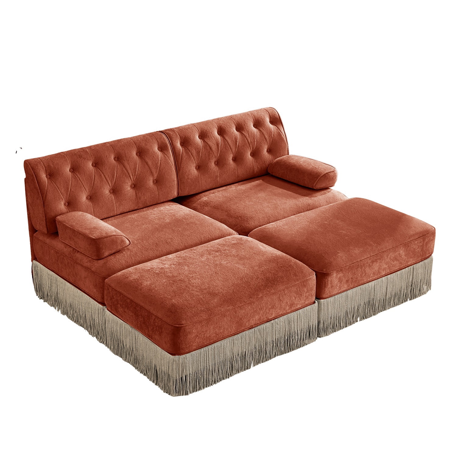 Hommoo 2-Seater Chesterfield Style Velvet Fabric Sofa Couch set with 2 Ottomans, Tufted Button Upholstered Design and Floor-grazing Tassel, Free Combination Sectional Sofa, for Home, Red Brown