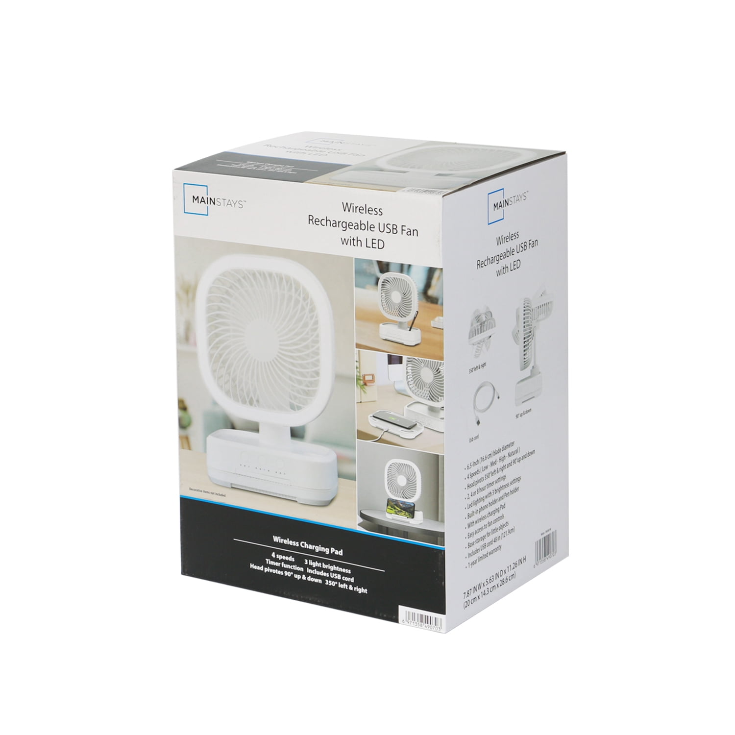 Mainstays New Rechargeable Personal USB Fan with Wireless Charging Pad and Led Lighting White