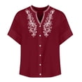 thumbnail image 4 of Qwertyu Linen Shirts for Women Spring Summer Casual Short Sleeve Embroidered Boho Tops Loose Fit Button Down Blouses Trendy Dressy V Neck Work Shirts Wine M, 4 of 6