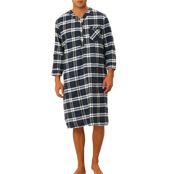 Lars Amadeus Plaid Nightshirt for Men's Loose Fit Henley Necklike Checked Sleep Gown Pajamas L White Blue