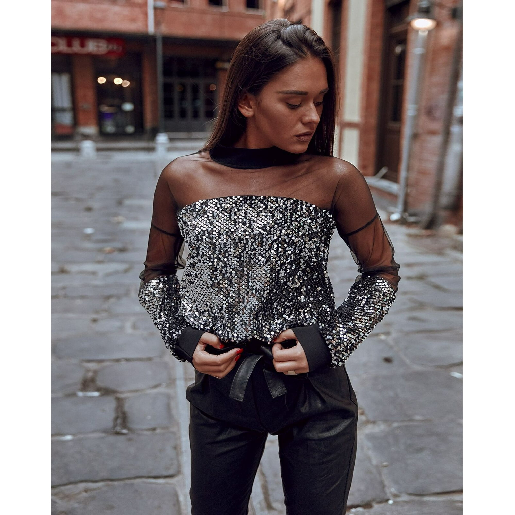 Itfabs Women Fashion See Through Long Sleeve Sequin Sparkly Glitter Tops Party T Shirt Black