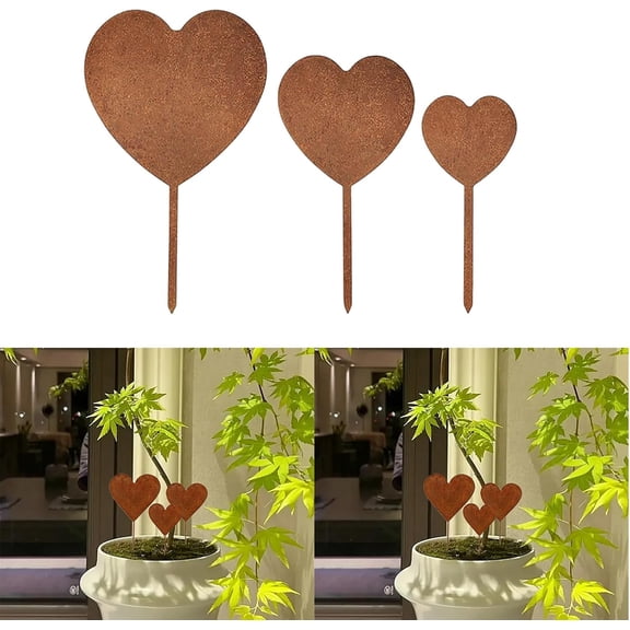 Heart Garden Stakes, Patina Metal Yard Art with Love Heart Design, Outdoor Memorial Grave Decor, Rustic Metal Art Stake for Garden, Patio & Cemetery, Heart-Shaped Yard Art(RL 3 PCS)