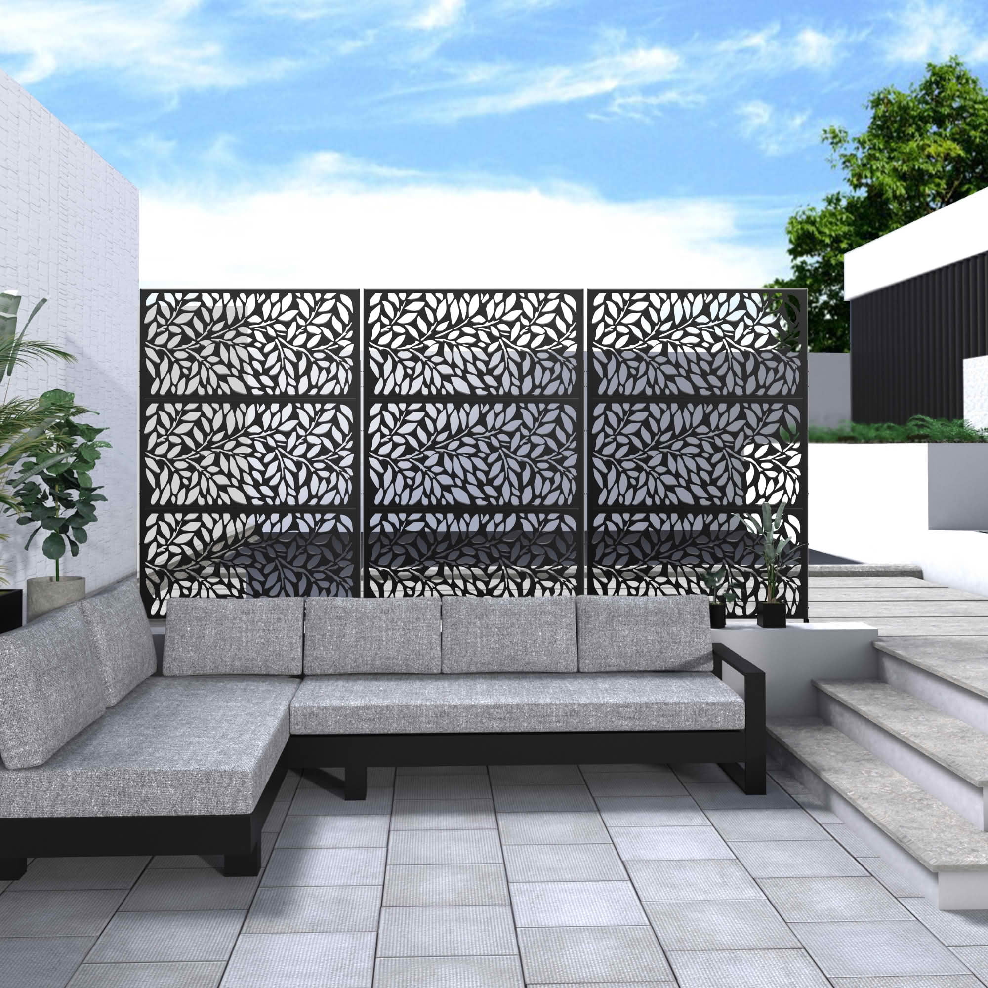 MAYEERTY Black Galvanized Metal Privacy Screen, Outdoor Garden Patio, 72×47×16in