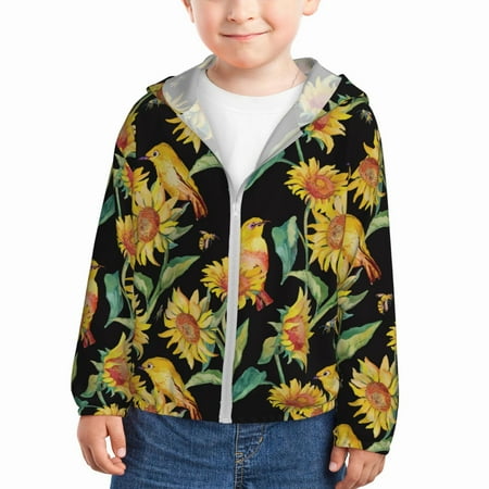 

Rash Guard for Boys Girls - Sunflowers Bird Lightweight Long Sleeve Sun Protection Jacket Hooded Cooling Swim Shirt with Zipper for Toddler Kids Children