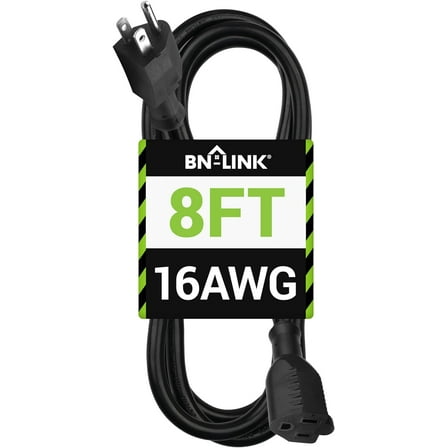 BN-LINK 8ft Indoor/Outdoor Extension Cord 16/3 SJTW, Black, Water & Weather Resistant, 3-Prong Grounded Plug for Landscaping & Holiday Decorations, Home & Office, 13A ETL