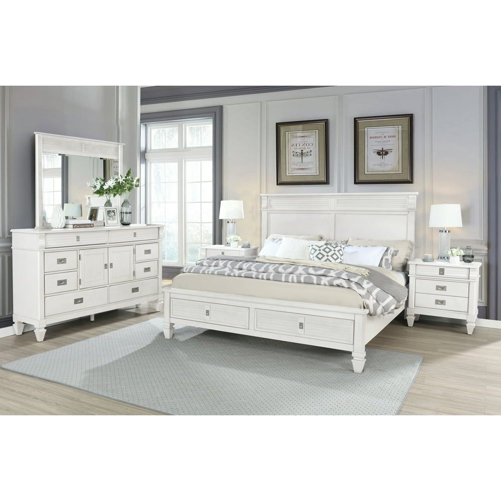 York Wood Anqitue White Bedroom Set with Storage Platform Queen Bed ...