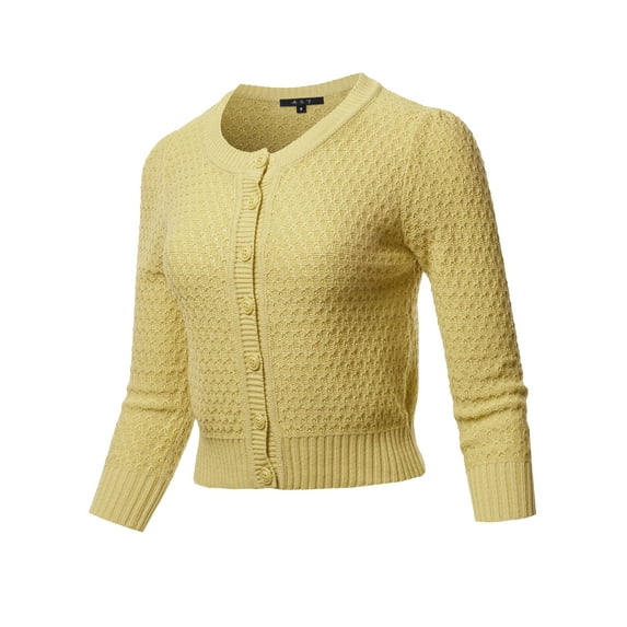 A2Y Women's Solid Cropped 3/4 Sleeve Button Down Crew Neck Knit Cardigan Sweater Baby Yellow S