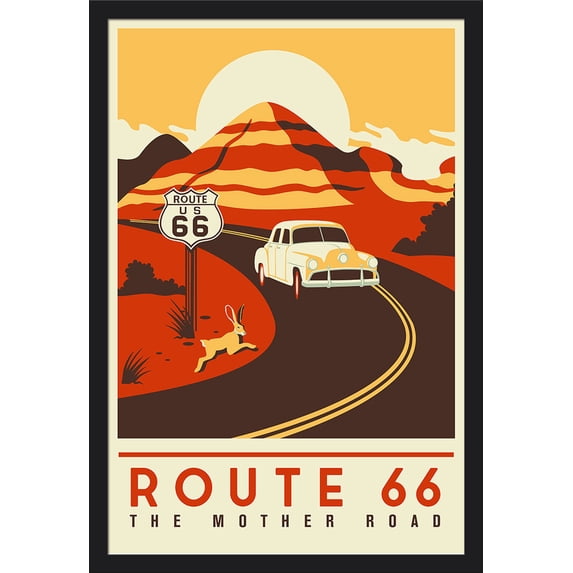 Route 66 - Mother Road - Simplified - Lantern Press Artwork (24x36 Giclee Art Print, Gallery Framed, Black Wood)