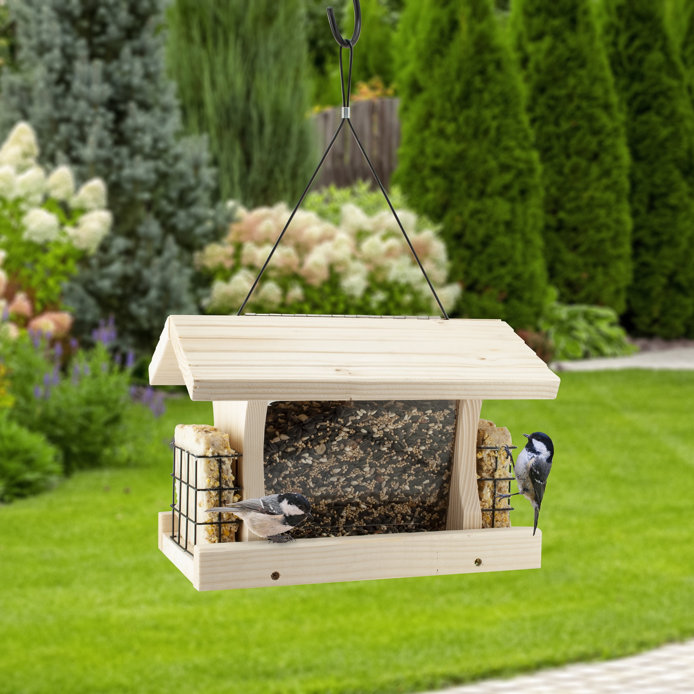 Woodlink Deluxe Wood Bird Feeder with Metal Suet Cages and Hinged Roof