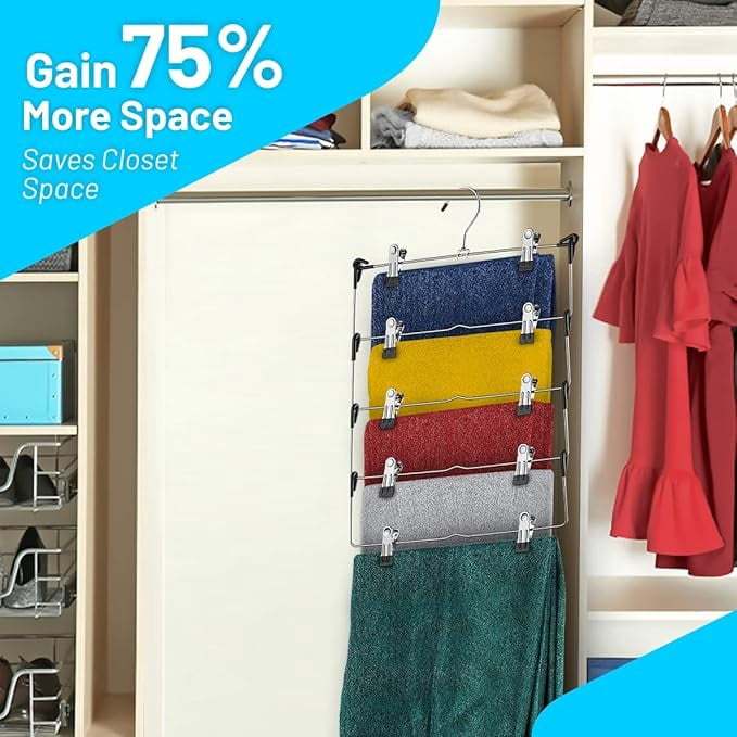 DEILSY 5-Tier Skirt and Pants Hangers with Clips - Space-Saving Metal Clothes Hangers with Adjustable Anti-Slip Clips for Skirts, Pants, Dresses, and More - Pack of 3