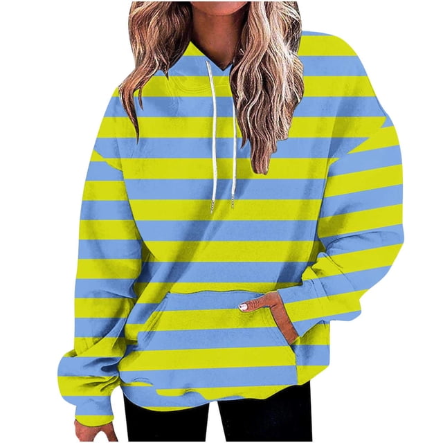 FAIWAD Womens Striped Drawstring Hoodies Casual Long Sleeve Color Block Pullover Tops Drop Shoulder Loose Sweatshirts