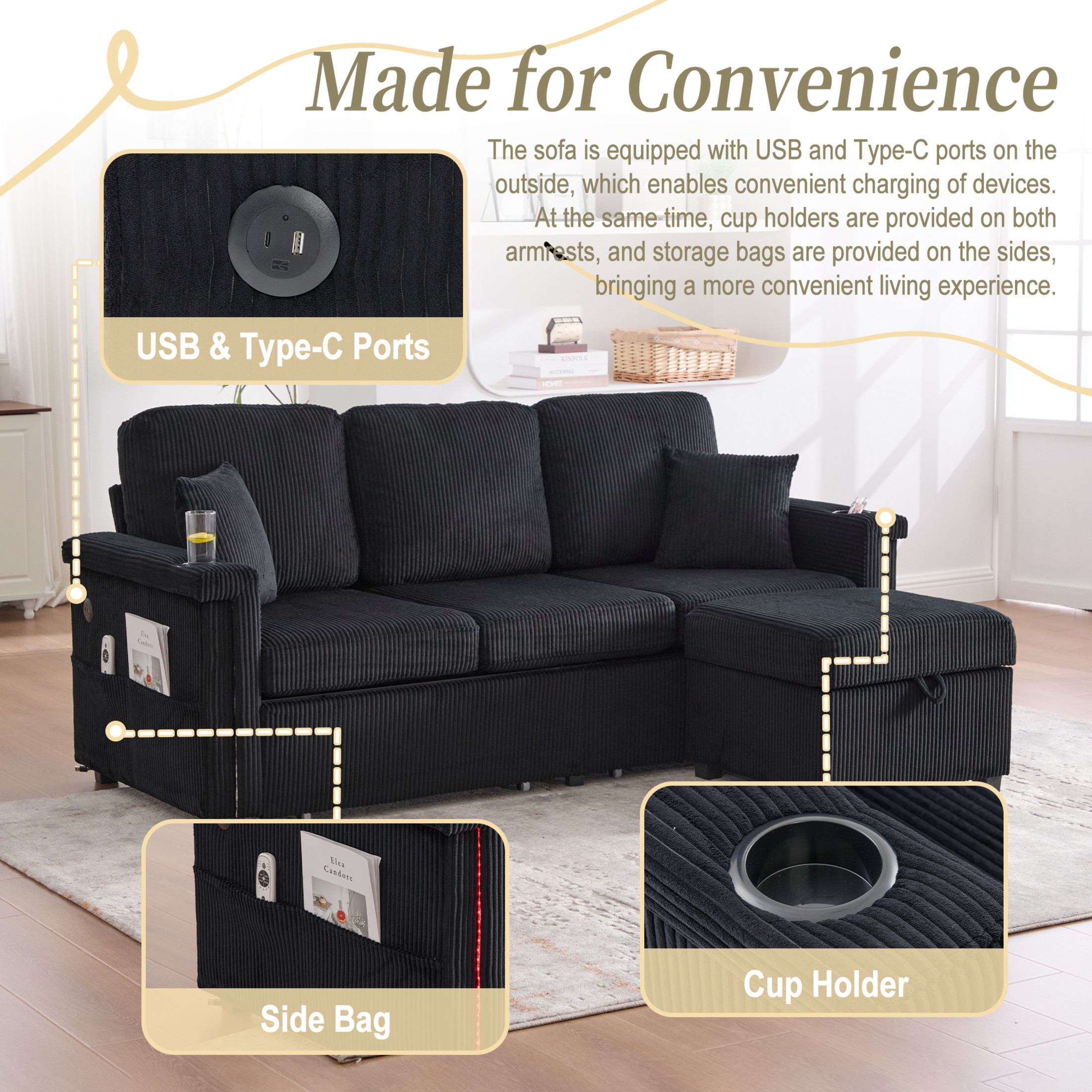 Noble House Elena 4-Seater L-Shaped Corduroy Sectional Sofa with Pull-Out Storage, Ottoman for Living Room, Black