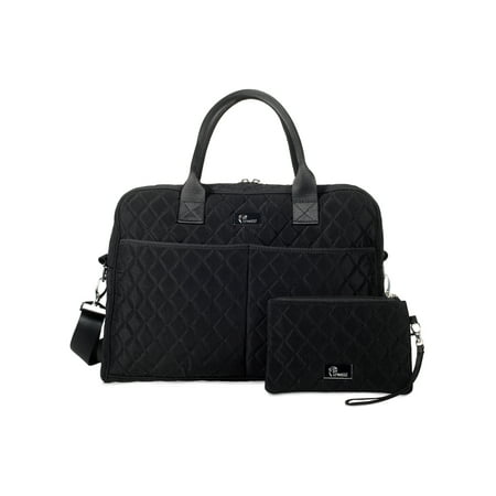 Pursetti Black Quilted Weekender Bag for Women w/ Bonus Wristlet - Perfect Tote Bag for Carryon, Weekend Travel and Commute to School or