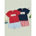 thumbnail image 3 of Toddler Baby Boys Shorts Set 6 12 18 24 Months 2T 3T 4T Baseball Embroidered Short Sleeve Round Neck Tops Elastic Waistband Plaid Shorts Clothes Sets, 3 of 9