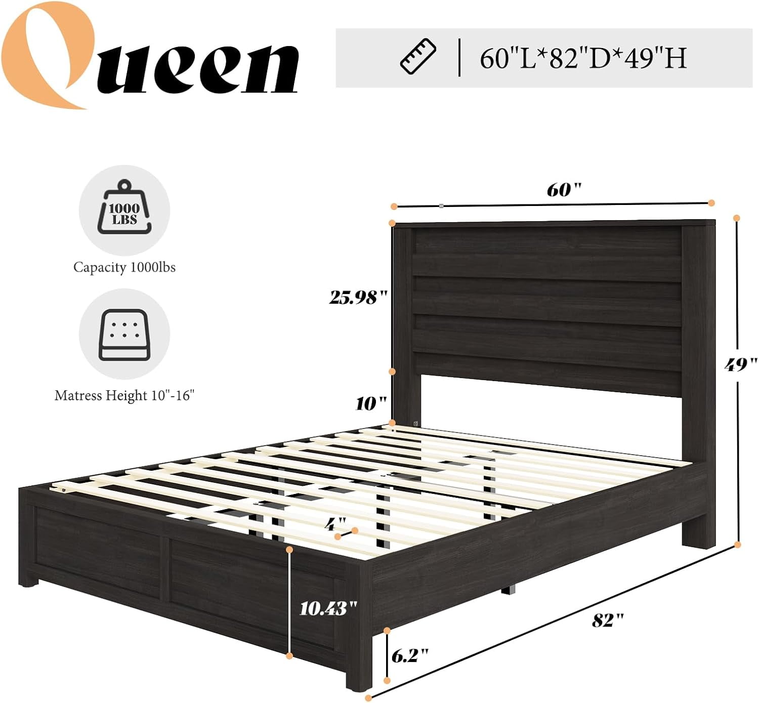 Papajet Queen Size Bed Frame with Headboard, Farmhouse Platform and Natural Wood Grain, Black