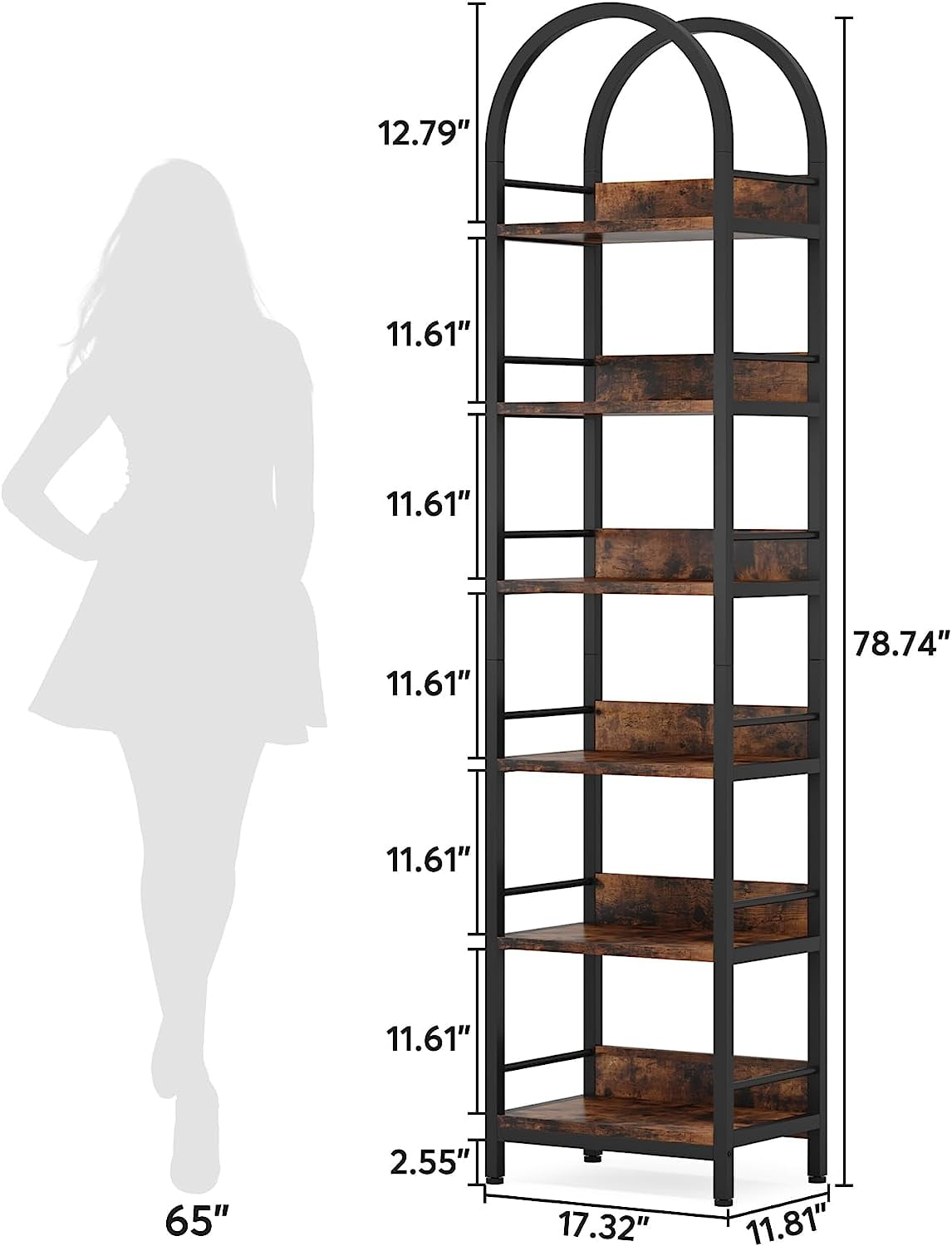  Jehiatek Arched Bookshelf, Bookcase with Doors Storage, 71  Inches Tall Industrial Book Shelf with Sturdy Metal Frame, E1 Quality  Boards, Freestanding Display Shelving Unit, Rustic Brown : Home & Kitchen