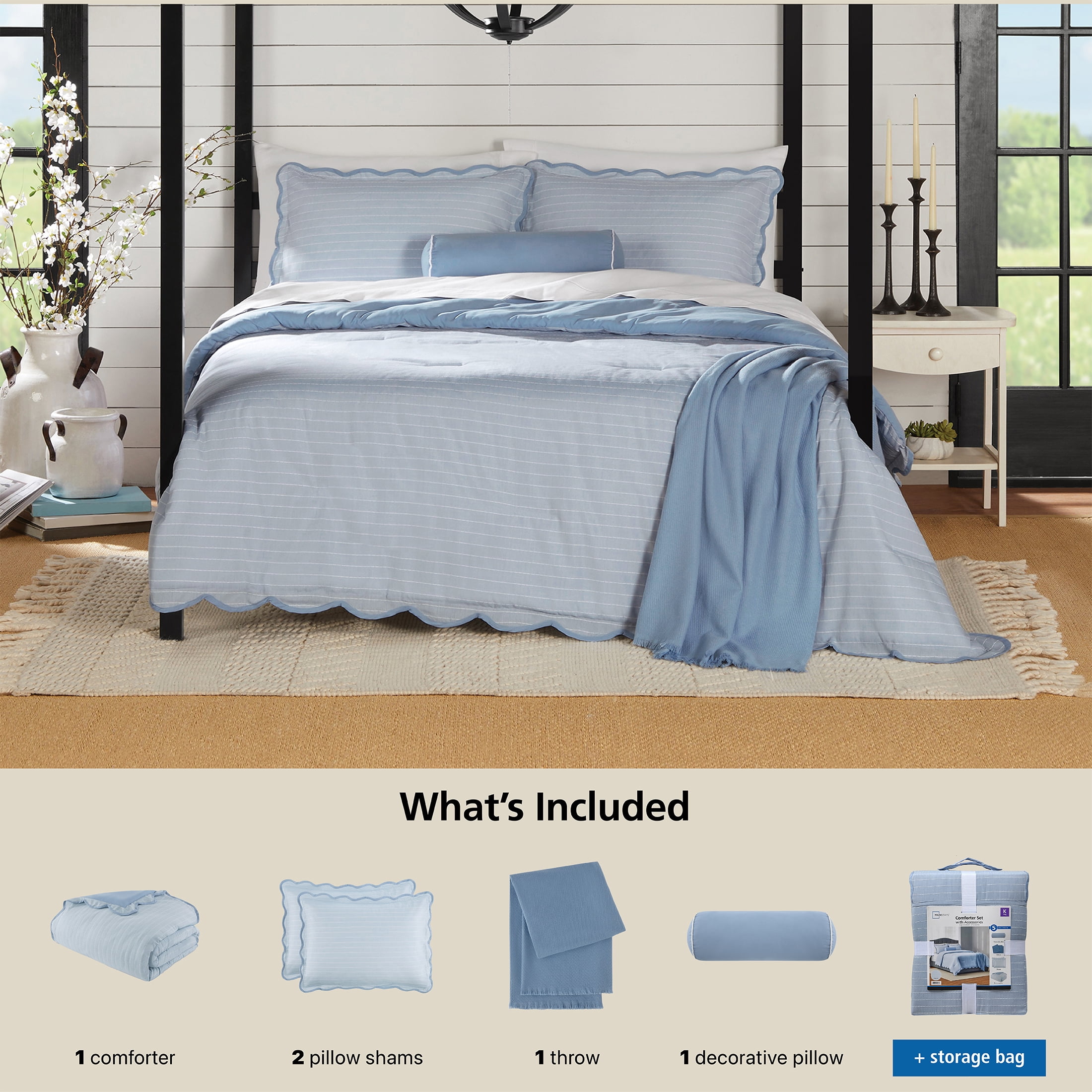 Mainstays King Comforter Set, All-Season, 5-Piece, Blue Pick Stitch Scallop