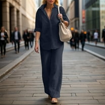 Riforla Women's Casual Pure Color Wide Leg Pant Suit 2 Piece Long Pants Outfit Border Fashion Set Pants Sets Blue S