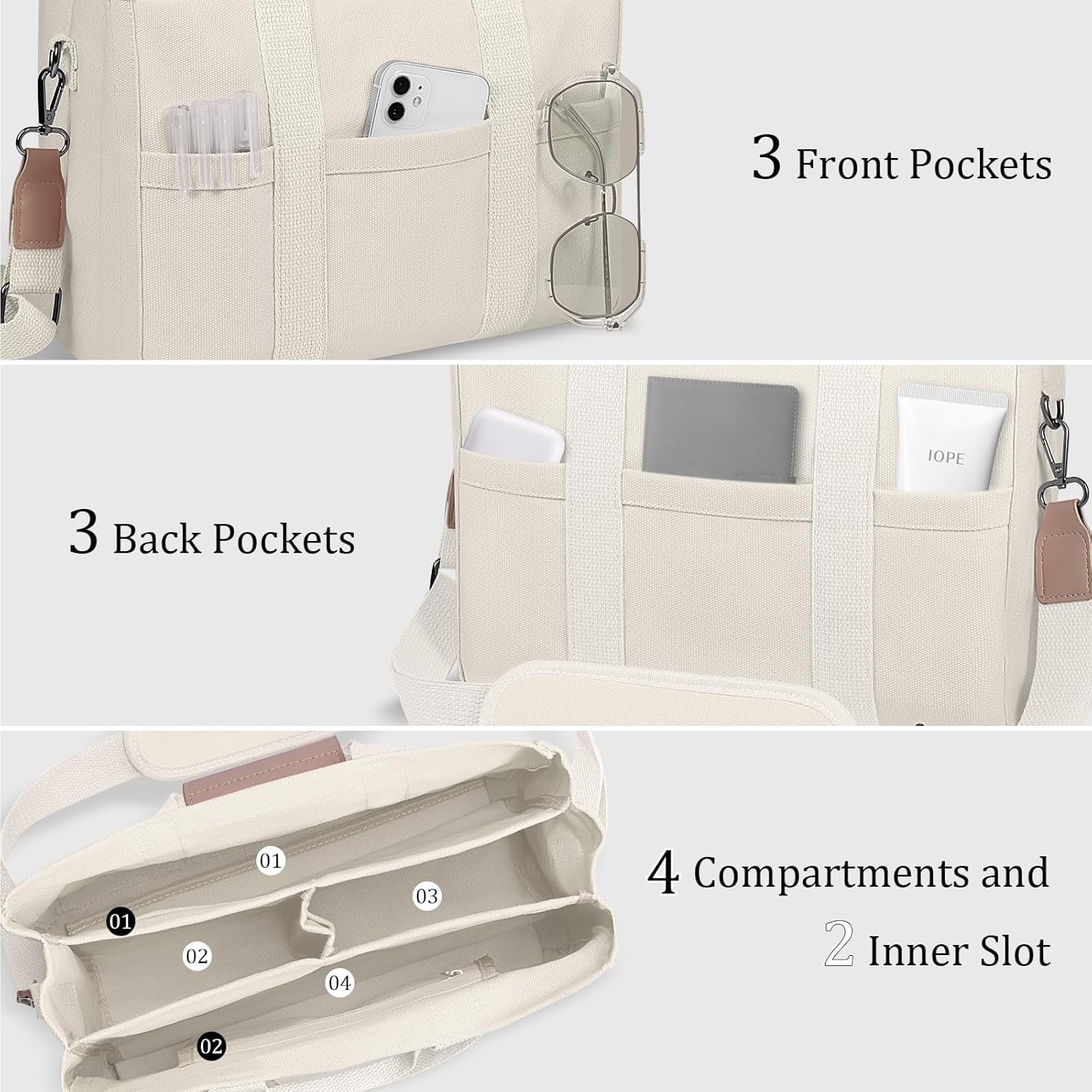 Kwuty Canvas Tote Bag with Multi Pockets Crossbody Tote Bag for Women Bible Handbag Everything Tote Bags with Compartments