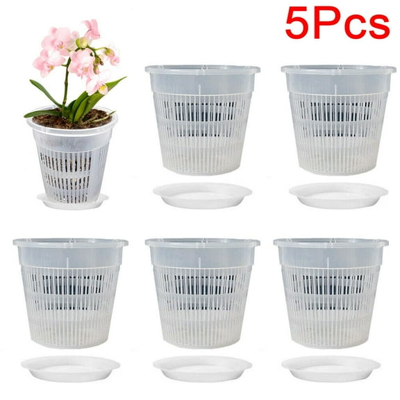 WEISIPU 5.5'' x 4.72'' Round Clear ABS Orchid Pot with Holes and Saucers (5 Count)