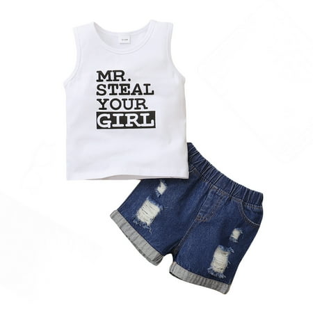 

4T Toddler Baby Girls Outfits Sleeveless Letter Print Top +Ripped Jeans Shorts 2Pcs Clothes Set 4-5T White