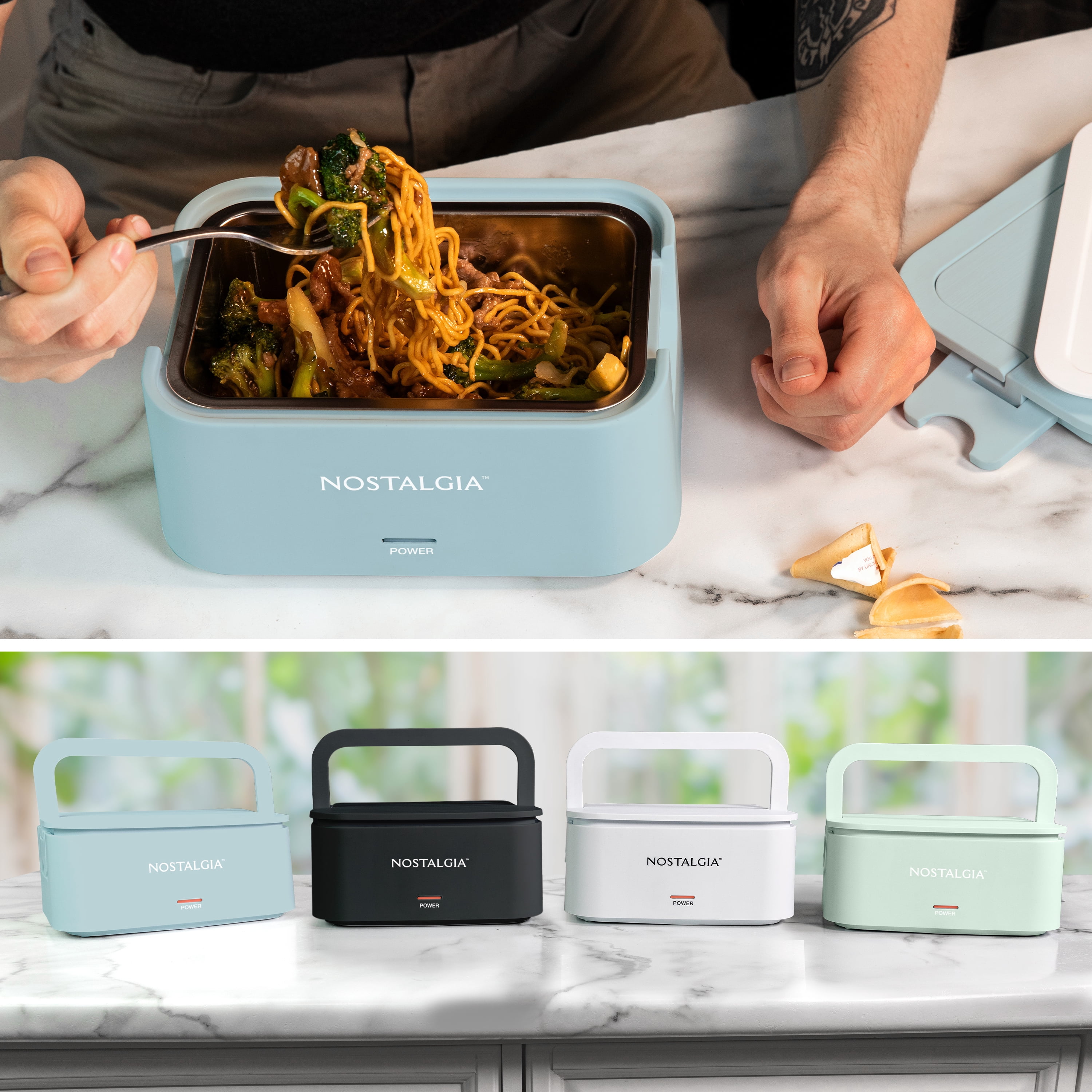 Nostalgia 32 oz Portable Heated Lunch Box with Stainless Steel Lunch Container, Chambray