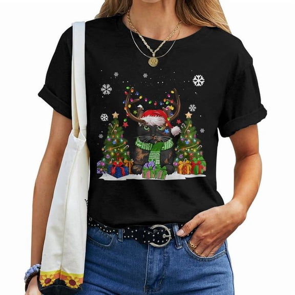 Cat Lover Tortoiseshell Cat Santa Hat Graphic Ugly Christmas Sweater Tee Unisex Adult Cotton Holiday Winter T-Shirt, Size 4XL, Color Black